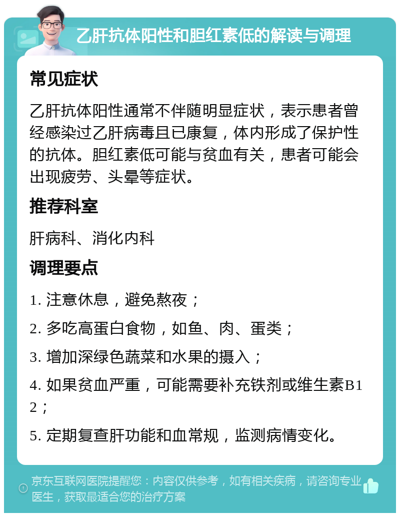 乙肝抗体阳性和胆红素低的解读与调理 常见症状 乙肝抗体阳性通常不伴随明显症状，表示患者曾经感染过乙肝病毒且已康复，体内形成了保护性的抗体。胆红素低可能与贫血有关，患者可能会出现疲劳、头晕等症状。 推荐科室 肝病科、消化内科 调理要点 1. 注意休息，避免熬夜； 2. 多吃高蛋白食物，如鱼、肉、蛋类； 3. 增加深绿色蔬菜和水果的摄入； 4. 如果贫血严重，可能需要补充铁剂或维生素B12； 5. 定期复查肝功能和血常规，监测病情变化。