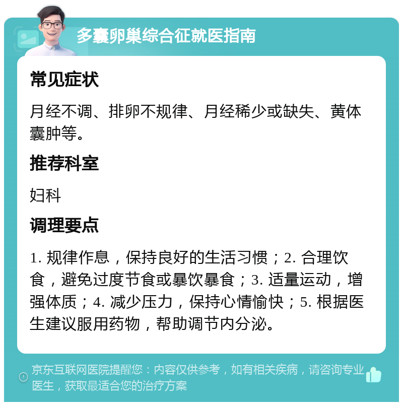 多囊卵巢综合征就医指南 常见症状 月经不调、排卵不规律、月经稀少或缺失、黄体囊肿等。 推荐科室 妇科 调理要点 1. 规律作息，保持良好的生活习惯；2. 合理饮食，避免过度节食或暴饮暴食；3. 适量运动，增强体质；4. 减少压力，保持心情愉快；5. 根据医生建议服用药物，帮助调节内分泌。