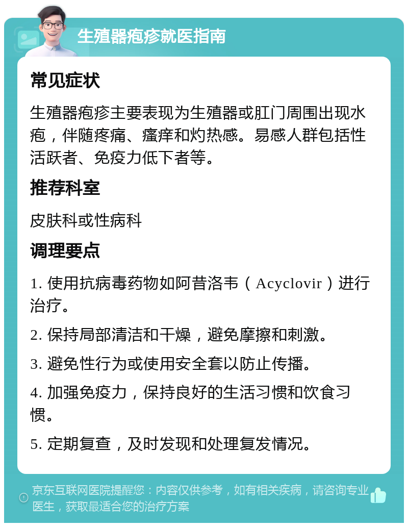 生殖器疱疹就医指南 常见症状 生殖器疱疹主要表现为生殖器或肛门周围出现水疱，伴随疼痛、瘙痒和灼热感。易感人群包括性活跃者、免疫力低下者等。 推荐科室 皮肤科或性病科 调理要点 1. 使用抗病毒药物如阿昔洛韦（Acyclovir）进行治疗。 2. 保持局部清洁和干燥，避免摩擦和刺激。 3. 避免性行为或使用安全套以防止传播。 4. 加强免疫力，保持良好的生活习惯和饮食习惯。 5. 定期复查，及时发现和处理复发情况。