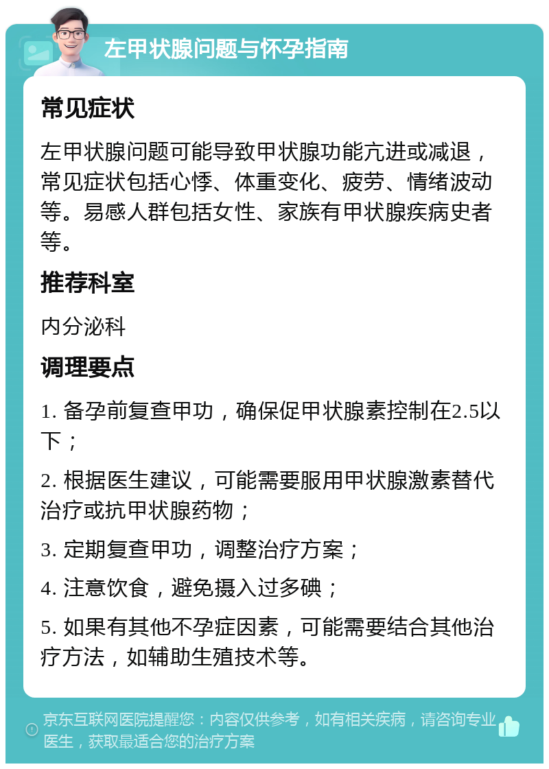 左甲状腺问题与怀孕指南 常见症状 左甲状腺问题可能导致甲状腺功能亢进或减退，常见症状包括心悸、体重变化、疲劳、情绪波动等。易感人群包括女性、家族有甲状腺疾病史者等。 推荐科室 内分泌科 调理要点 1. 备孕前复查甲功，确保促甲状腺素控制在2.5以下； 2. 根据医生建议，可能需要服用甲状腺激素替代治疗或抗甲状腺药物； 3. 定期复查甲功，调整治疗方案； 4. 注意饮食，避免摄入过多碘； 5. 如果有其他不孕症因素，可能需要结合其他治疗方法，如辅助生殖技术等。