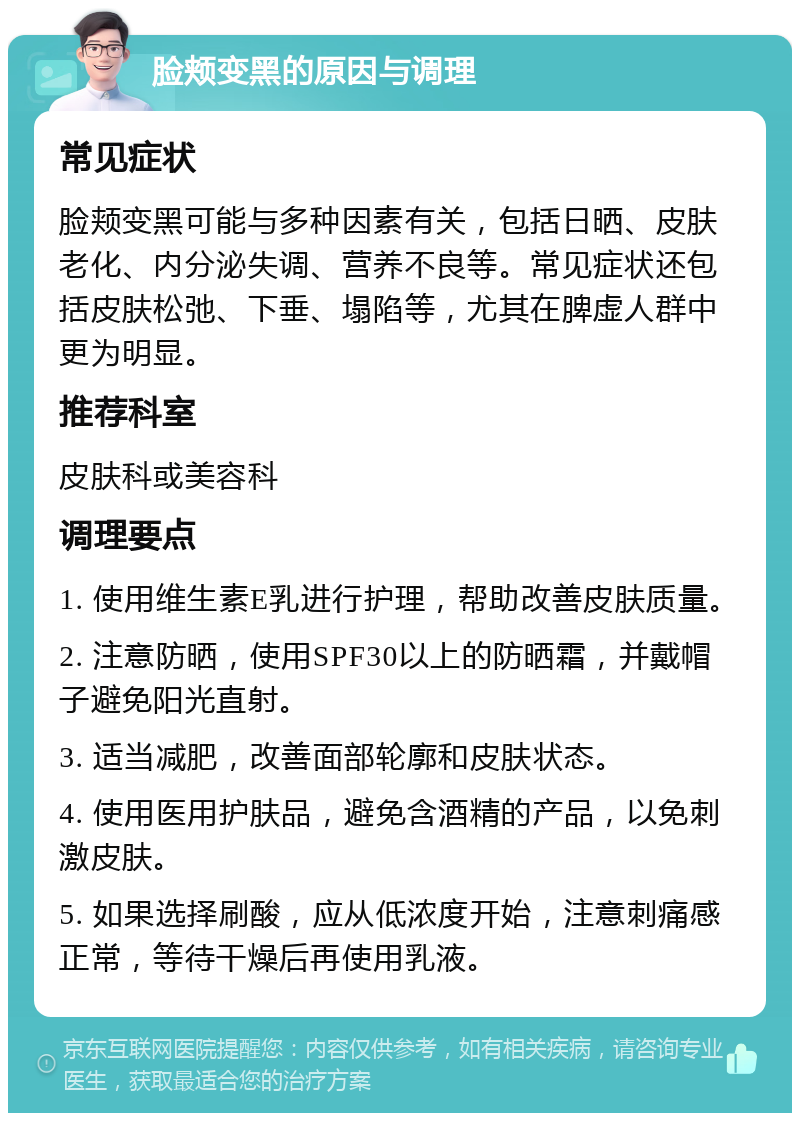 脸颊变黑的原因与调理 常见症状 脸颊变黑可能与多种因素有关，包括日晒、皮肤老化、内分泌失调、营养不良等。常见症状还包括皮肤松弛、下垂、塌陷等，尤其在脾虚人群中更为明显。 推荐科室 皮肤科或美容科 调理要点 1. 使用维生素E乳进行护理，帮助改善皮肤质量。 2. 注意防晒，使用SPF30以上的防晒霜，并戴帽子避免阳光直射。 3. 适当减肥，改善面部轮廓和皮肤状态。 4. 使用医用护肤品，避免含酒精的产品，以免刺激皮肤。 5. 如果选择刷酸，应从低浓度开始，注意刺痛感正常，等待干燥后再使用乳液。