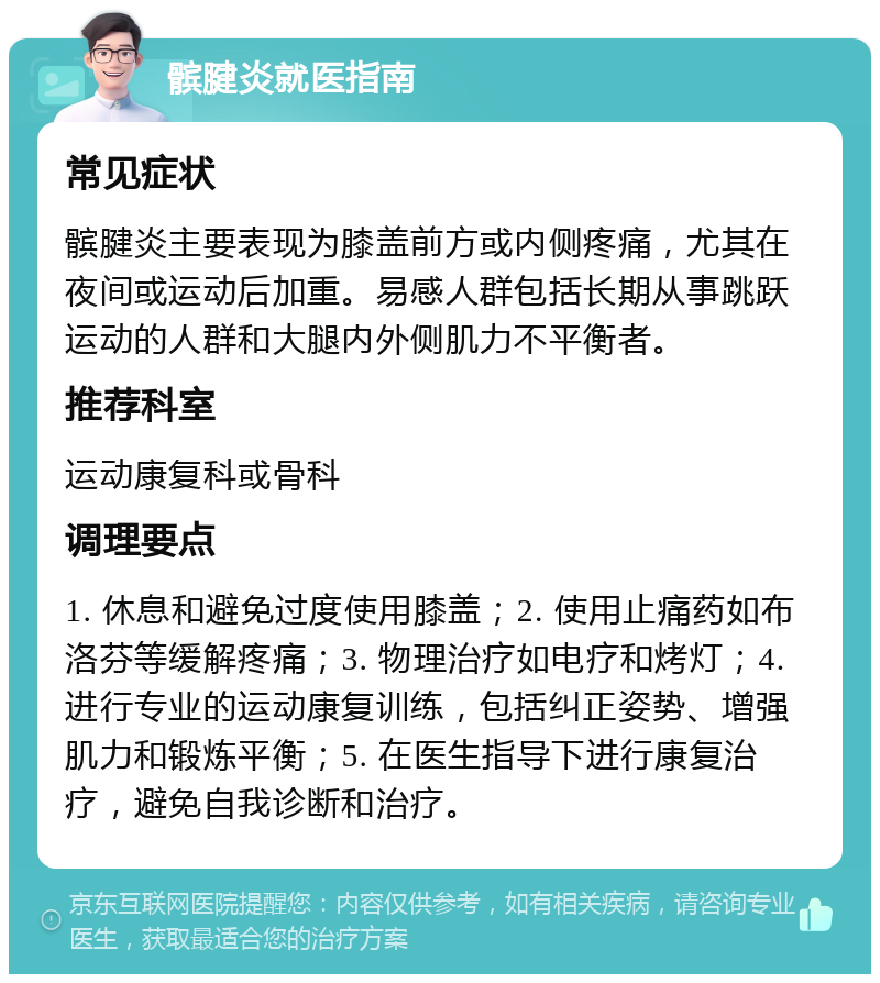 髌腱炎就医指南 常见症状 髌腱炎主要表现为膝盖前方或内侧疼痛，尤其在夜间或运动后加重。易感人群包括长期从事跳跃运动的人群和大腿内外侧肌力不平衡者。 推荐科室 运动康复科或骨科 调理要点 1. 休息和避免过度使用膝盖；2. 使用止痛药如布洛芬等缓解疼痛；3. 物理治疗如电疗和烤灯；4. 进行专业的运动康复训练，包括纠正姿势、增强肌力和锻炼平衡；5. 在医生指导下进行康复治疗，避免自我诊断和治疗。