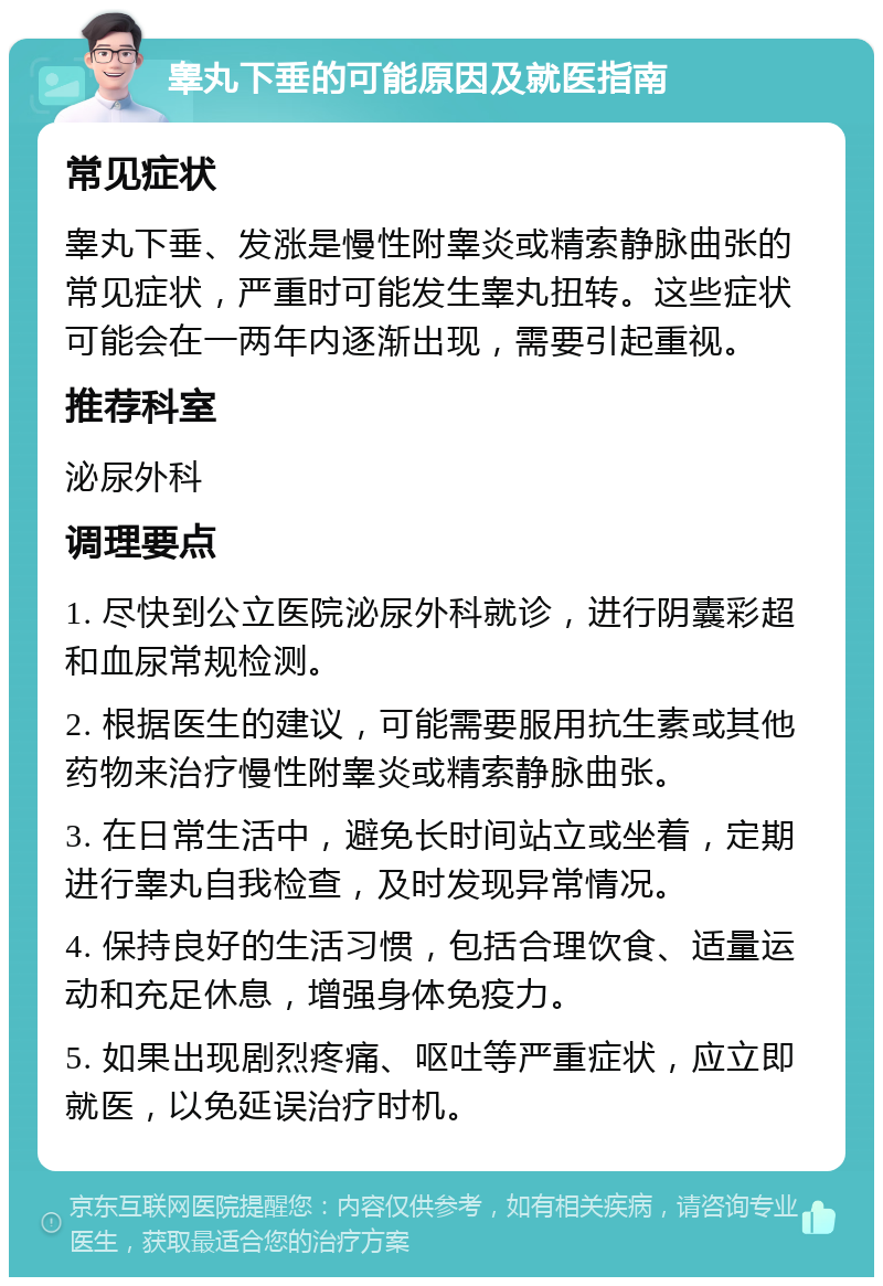 睾丸下垂的可能原因及就医指南 常见症状 睾丸下垂、发涨是慢性附睾炎或精索静脉曲张的常见症状，严重时可能发生睾丸扭转。这些症状可能会在一两年内逐渐出现，需要引起重视。 推荐科室 泌尿外科 调理要点 1. 尽快到公立医院泌尿外科就诊，进行阴囊彩超和血尿常规检测。 2. 根据医生的建议，可能需要服用抗生素或其他药物来治疗慢性附睾炎或精索静脉曲张。 3. 在日常生活中，避免长时间站立或坐着，定期进行睾丸自我检查，及时发现异常情况。 4. 保持良好的生活习惯，包括合理饮食、适量运动和充足休息，增强身体免疫力。 5. 如果出现剧烈疼痛、呕吐等严重症状，应立即就医，以免延误治疗时机。