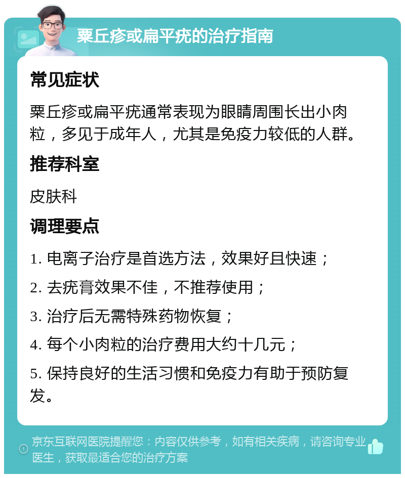 粟丘疹或扁平疣的治疗指南 常见症状 粟丘疹或扁平疣通常表现为眼睛周围长出小肉粒，多见于成年人，尤其是免疫力较低的人群。 推荐科室 皮肤科 调理要点 1. 电离子治疗是首选方法，效果好且快速； 2. 去疣膏效果不佳，不推荐使用； 3. 治疗后无需特殊药物恢复； 4. 每个小肉粒的治疗费用大约十几元； 5. 保持良好的生活习惯和免疫力有助于预防复发。