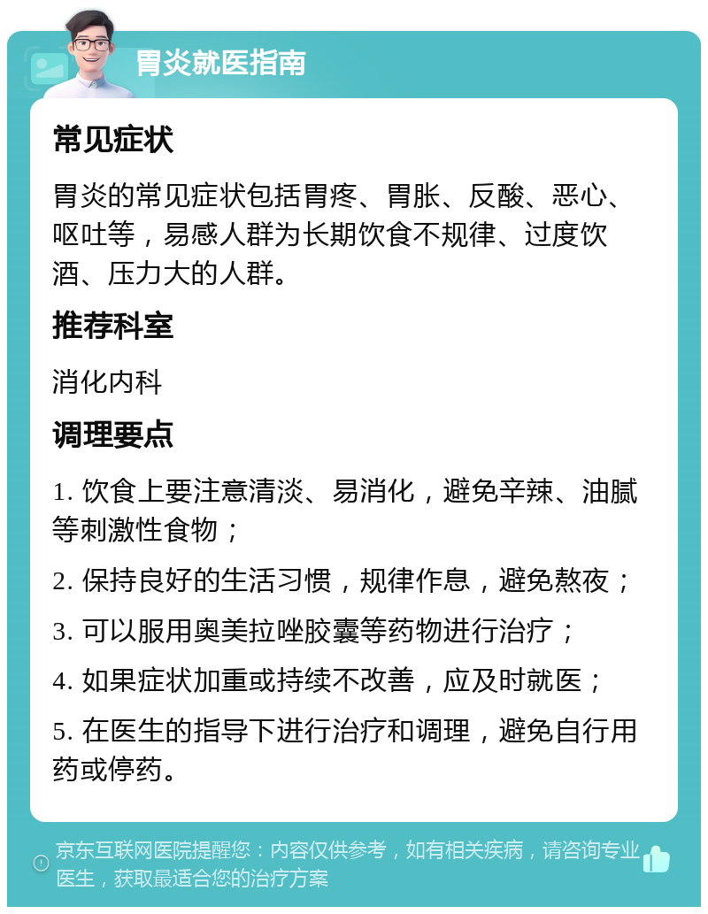 胃炎就医指南 常见症状 胃炎的常见症状包括胃疼、胃胀、反酸、恶心、呕吐等，易感人群为长期饮食不规律、过度饮酒、压力大的人群。 推荐科室 消化内科 调理要点 1. 饮食上要注意清淡、易消化，避免辛辣、油腻等刺激性食物； 2. 保持良好的生活习惯，规律作息，避免熬夜； 3. 可以服用奥美拉唑胶囊等药物进行治疗； 4. 如果症状加重或持续不改善，应及时就医； 5. 在医生的指导下进行治疗和调理，避免自行用药或停药。