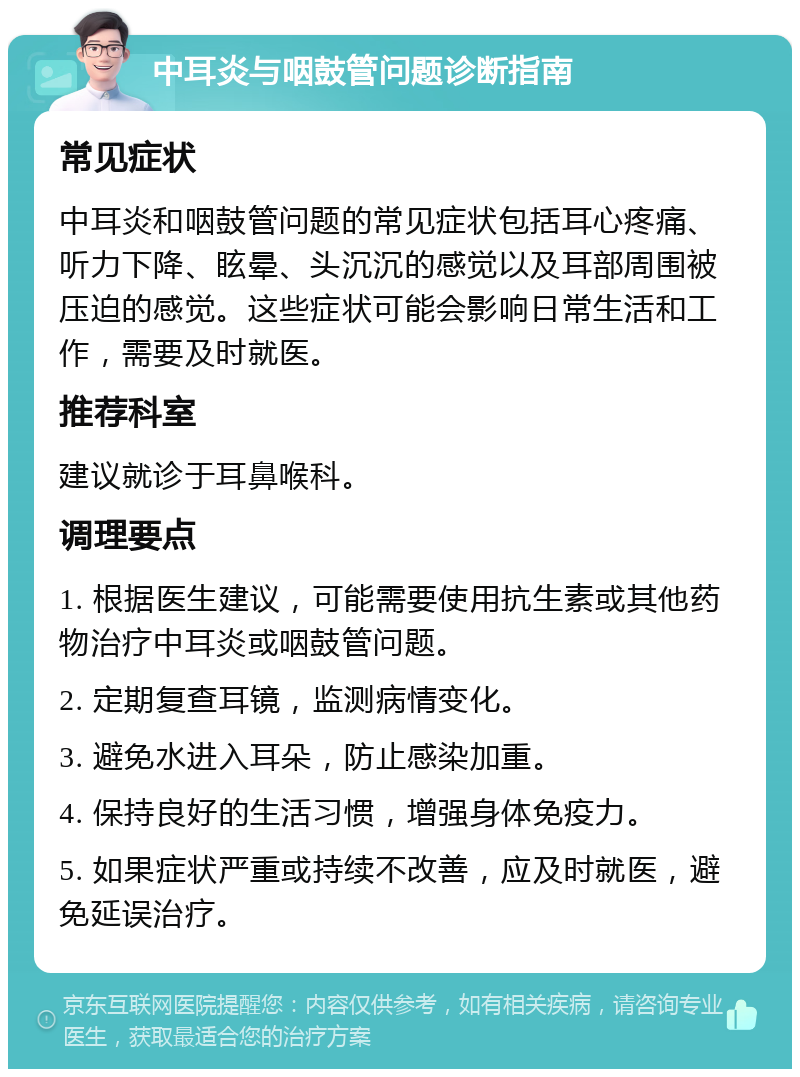 中耳炎与咽鼓管问题诊断指南 常见症状 中耳炎和咽鼓管问题的常见症状包括耳心疼痛、听力下降、眩晕、头沉沉的感觉以及耳部周围被压迫的感觉。这些症状可能会影响日常生活和工作，需要及时就医。 推荐科室 建议就诊于耳鼻喉科。 调理要点 1. 根据医生建议，可能需要使用抗生素或其他药物治疗中耳炎或咽鼓管问题。 2. 定期复查耳镜，监测病情变化。 3. 避免水进入耳朵，防止感染加重。 4. 保持良好的生活习惯，增强身体免疫力。 5. 如果症状严重或持续不改善，应及时就医，避免延误治疗。