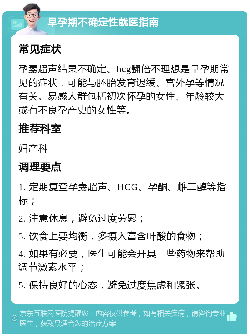 早孕期不确定性就医指南 常见症状 孕囊超声结果不确定、hcg翻倍不理想是早孕期常见的症状，可能与胚胎发育迟缓、宫外孕等情况有关。易感人群包括初次怀孕的女性、年龄较大或有不良孕产史的女性等。 推荐科室 妇产科 调理要点 1. 定期复查孕囊超声、HCG、孕酮、雌二醇等指标； 2. 注意休息，避免过度劳累； 3. 饮食上要均衡，多摄入富含叶酸的食物； 4. 如果有必要，医生可能会开具一些药物来帮助调节激素水平； 5. 保持良好的心态，避免过度焦虑和紧张。