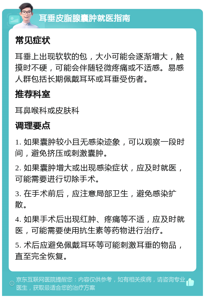 耳垂皮脂腺囊肿就医指南 常见症状 耳垂上出现软软的包，大小可能会逐渐增大，触摸时不硬，可能会伴随轻微疼痛或不适感。易感人群包括长期佩戴耳环或耳垂受伤者。 推荐科室 耳鼻喉科或皮肤科 调理要点 1. 如果囊肿较小且无感染迹象，可以观察一段时间，避免挤压或刺激囊肿。 2. 如果囊肿增大或出现感染症状，应及时就医，可能需要进行切除手术。 3. 在手术前后，应注意局部卫生，避免感染扩散。 4. 如果手术后出现红肿、疼痛等不适，应及时就医，可能需要使用抗生素等药物进行治疗。 5. 术后应避免佩戴耳环等可能刺激耳垂的物品，直至完全恢复。