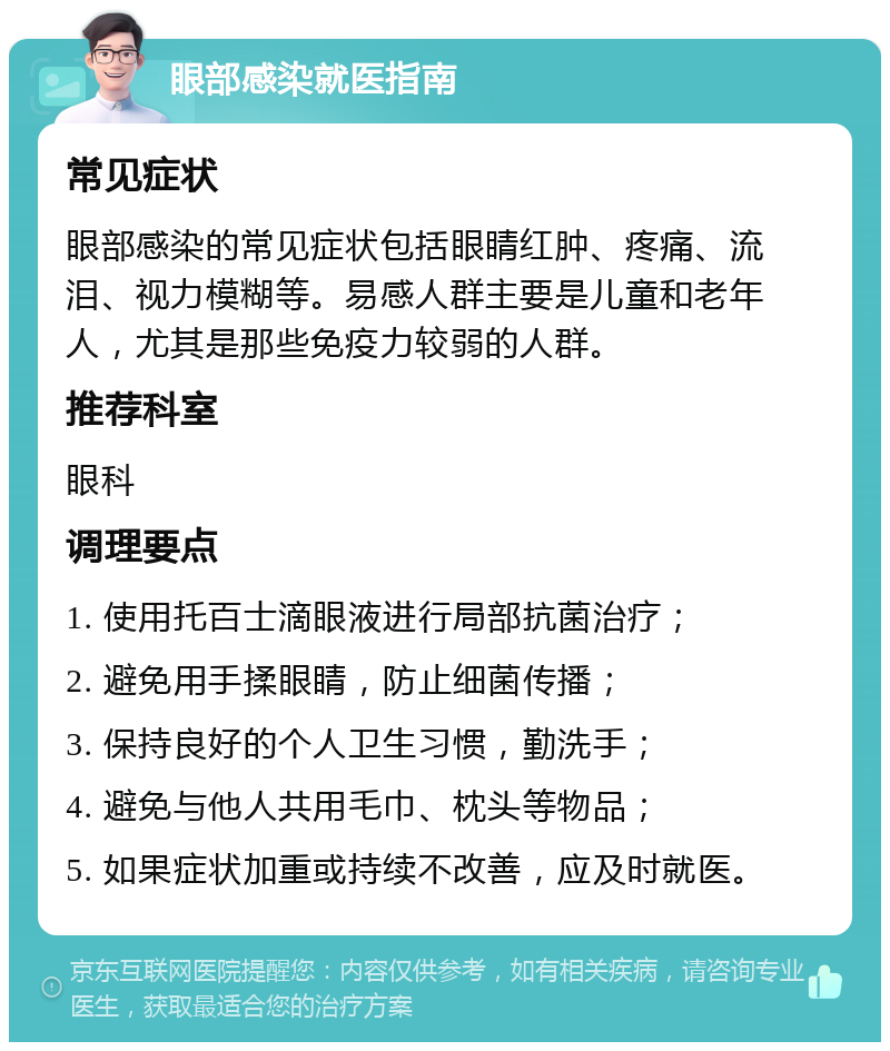 眼部感染就医指南 常见症状 眼部感染的常见症状包括眼睛红肿、疼痛、流泪、视力模糊等。易感人群主要是儿童和老年人，尤其是那些免疫力较弱的人群。 推荐科室 眼科 调理要点 1. 使用托百士滴眼液进行局部抗菌治疗； 2. 避免用手揉眼睛，防止细菌传播； 3. 保持良好的个人卫生习惯，勤洗手； 4. 避免与他人共用毛巾、枕头等物品； 5. 如果症状加重或持续不改善，应及时就医。