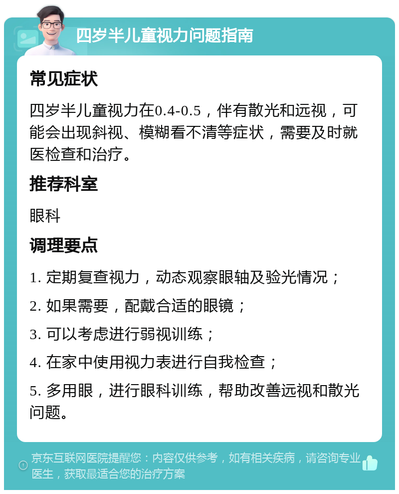 四岁半儿童视力问题指南 常见症状 四岁半儿童视力在0.4-0.5，伴有散光和远视，可能会出现斜视、模糊看不清等症状，需要及时就医检查和治疗。 推荐科室 眼科 调理要点 1. 定期复查视力，动态观察眼轴及验光情况； 2. 如果需要，配戴合适的眼镜； 3. 可以考虑进行弱视训练； 4. 在家中使用视力表进行自我检查； 5. 多用眼，进行眼科训练，帮助改善远视和散光问题。