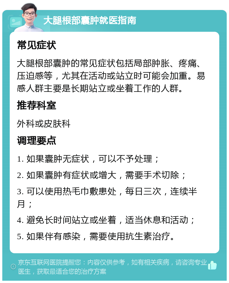 大腿根部囊肿就医指南 常见症状 大腿根部囊肿的常见症状包括局部肿胀、疼痛、压迫感等，尤其在活动或站立时可能会加重。易感人群主要是长期站立或坐着工作的人群。 推荐科室 外科或皮肤科 调理要点 1. 如果囊肿无症状，可以不予处理； 2. 如果囊肿有症状或增大，需要手术切除； 3. 可以使用热毛巾敷患处，每日三次，连续半月； 4. 避免长时间站立或坐着，适当休息和活动； 5. 如果伴有感染，需要使用抗生素治疗。