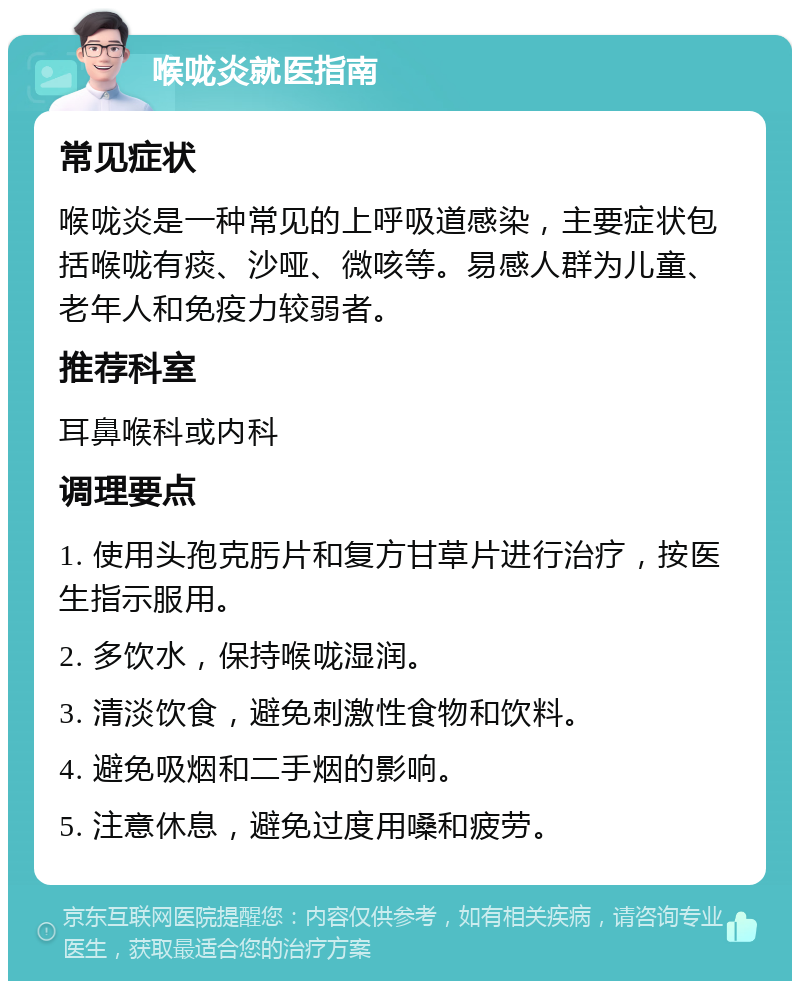 喉咙炎就医指南 常见症状 喉咙炎是一种常见的上呼吸道感染，主要症状包括喉咙有痰、沙哑、微咳等。易感人群为儿童、老年人和免疫力较弱者。 推荐科室 耳鼻喉科或内科 调理要点 1. 使用头孢克肟片和复方甘草片进行治疗，按医生指示服用。 2. 多饮水，保持喉咙湿润。 3. 清淡饮食，避免刺激性食物和饮料。 4. 避免吸烟和二手烟的影响。 5. 注意休息，避免过度用嗓和疲劳。