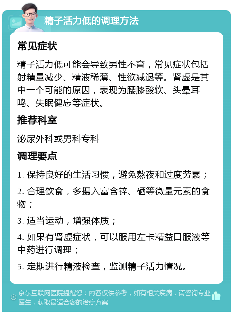 精子活力低的调理方法 常见症状 精子活力低可能会导致男性不育，常见症状包括射精量减少、精液稀薄、性欲减退等。肾虚是其中一个可能的原因，表现为腰膝酸软、头晕耳鸣、失眠健忘等症状。 推荐科室 泌尿外科或男科专科 调理要点 1. 保持良好的生活习惯，避免熬夜和过度劳累； 2. 合理饮食，多摄入富含锌、硒等微量元素的食物； 3. 适当运动，增强体质； 4. 如果有肾虚症状，可以服用左卡精益口服液等中药进行调理； 5. 定期进行精液检查，监测精子活力情况。