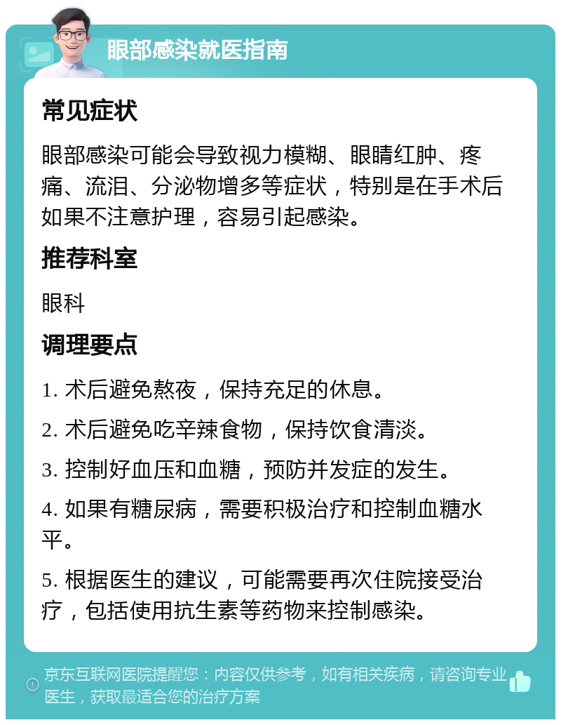 眼部感染就医指南 常见症状 眼部感染可能会导致视力模糊、眼睛红肿、疼痛、流泪、分泌物增多等症状，特别是在手术后如果不注意护理，容易引起感染。 推荐科室 眼科 调理要点 1. 术后避免熬夜，保持充足的休息。 2. 术后避免吃辛辣食物，保持饮食清淡。 3. 控制好血压和血糖，预防并发症的发生。 4. 如果有糖尿病，需要积极治疗和控制血糖水平。 5. 根据医生的建议，可能需要再次住院接受治疗，包括使用抗生素等药物来控制感染。