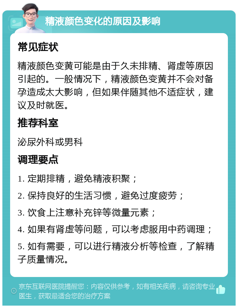 精液颜色变化的原因及影响 常见症状 精液颜色变黄可能是由于久未排精、肾虚等原因引起的。一般情况下，精液颜色变黄并不会对备孕造成太大影响，但如果伴随其他不适症状，建议及时就医。 推荐科室 泌尿外科或男科 调理要点 1. 定期排精，避免精液积聚； 2. 保持良好的生活习惯，避免过度疲劳； 3. 饮食上注意补充锌等微量元素； 4. 如果有肾虚等问题，可以考虑服用中药调理； 5. 如有需要，可以进行精液分析等检查，了解精子质量情况。