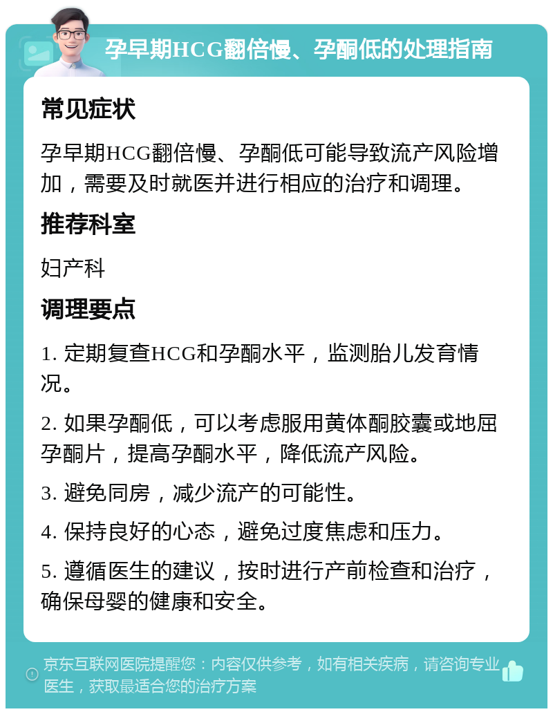 孕早期HCG翻倍慢、孕酮低的处理指南 常见症状 孕早期HCG翻倍慢、孕酮低可能导致流产风险增加，需要及时就医并进行相应的治疗和调理。 推荐科室 妇产科 调理要点 1. 定期复查HCG和孕酮水平，监测胎儿发育情况。 2. 如果孕酮低，可以考虑服用黄体酮胶囊或地屈孕酮片，提高孕酮水平，降低流产风险。 3. 避免同房，减少流产的可能性。 4. 保持良好的心态，避免过度焦虑和压力。 5. 遵循医生的建议，按时进行产前检查和治疗，确保母婴的健康和安全。