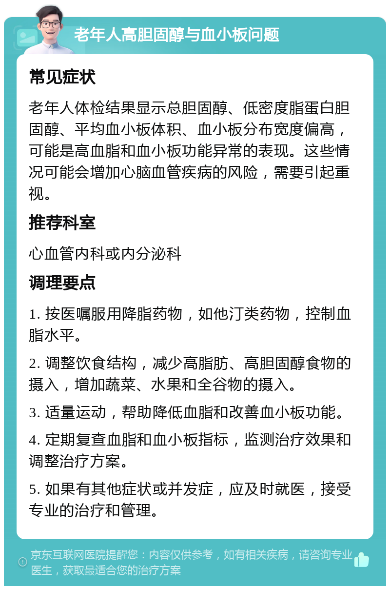 老年人高胆固醇与血小板问题 常见症状 老年人体检结果显示总胆固醇、低密度脂蛋白胆固醇、平均血小板体积、血小板分布宽度偏高，可能是高血脂和血小板功能异常的表现。这些情况可能会增加心脑血管疾病的风险，需要引起重视。 推荐科室 心血管内科或内分泌科 调理要点 1. 按医嘱服用降脂药物，如他汀类药物，控制血脂水平。 2. 调整饮食结构，减少高脂肪、高胆固醇食物的摄入，增加蔬菜、水果和全谷物的摄入。 3. 适量运动，帮助降低血脂和改善血小板功能。 4. 定期复查血脂和血小板指标，监测治疗效果和调整治疗方案。 5. 如果有其他症状或并发症，应及时就医，接受专业的治疗和管理。