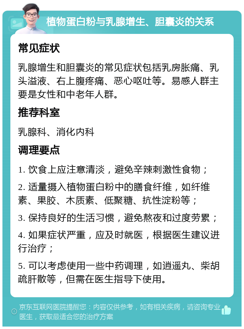 植物蛋白粉与乳腺增生、胆囊炎的关系 常见症状 乳腺增生和胆囊炎的常见症状包括乳房胀痛、乳头溢液、右上腹疼痛、恶心呕吐等。易感人群主要是女性和中老年人群。 推荐科室 乳腺科、消化内科 调理要点 1. 饮食上应注意清淡，避免辛辣刺激性食物； 2. 适量摄入植物蛋白粉中的膳食纤维，如纤维素、果胶、木质素、低聚糖、抗性淀粉等； 3. 保持良好的生活习惯，避免熬夜和过度劳累； 4. 如果症状严重，应及时就医，根据医生建议进行治疗； 5. 可以考虑使用一些中药调理，如逍遥丸、柴胡疏肝散等，但需在医生指导下使用。