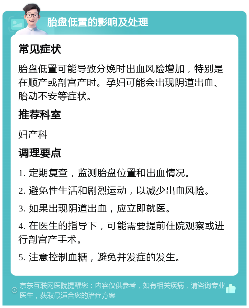 胎盘低置的影响及处理 常见症状 胎盘低置可能导致分娩时出血风险增加，特别是在顺产或剖宫产时。孕妇可能会出现阴道出血、胎动不安等症状。 推荐科室 妇产科 调理要点 1. 定期复查，监测胎盘位置和出血情况。 2. 避免性生活和剧烈运动，以减少出血风险。 3. 如果出现阴道出血，应立即就医。 4. 在医生的指导下，可能需要提前住院观察或进行剖宫产手术。 5. 注意控制血糖，避免并发症的发生。