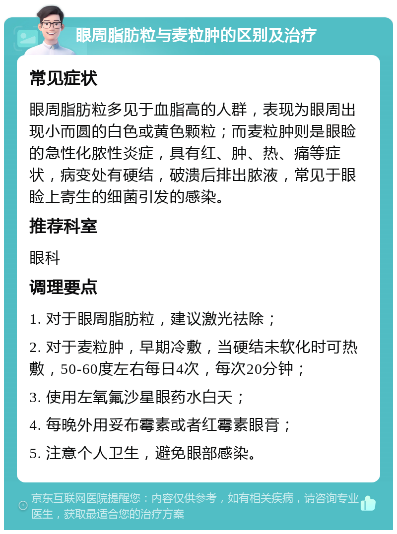 眼周脂肪粒与麦粒肿的区别及治疗 常见症状 眼周脂肪粒多见于血脂高的人群，表现为眼周出现小而圆的白色或黄色颗粒；而麦粒肿则是眼睑的急性化脓性炎症，具有红、肿、热、痛等症状，病变处有硬结，破溃后排出脓液，常见于眼睑上寄生的细菌引发的感染。 推荐科室 眼科 调理要点 1. 对于眼周脂肪粒，建议激光祛除； 2. 对于麦粒肿，早期冷敷，当硬结未软化时可热敷，50-60度左右每日4次，每次20分钟； 3. 使用左氧氟沙星眼药水白天； 4. 每晚外用妥布霉素或者红霉素眼膏； 5. 注意个人卫生，避免眼部感染。