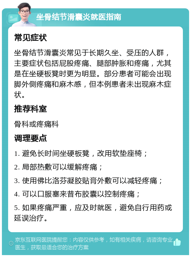 坐骨结节滑囊炎就医指南 常见症状 坐骨结节滑囊炎常见于长期久坐、受压的人群，主要症状包括屁股疼痛、腿部肿胀和疼痛，尤其是在坐硬板凳时更为明显。部分患者可能会出现脚外侧疼痛和麻木感，但本例患者未出现麻木症状。 推荐科室 骨科或疼痛科 调理要点 1. 避免长时间坐硬板凳，改用软垫座椅； 2. 局部热敷可以缓解疼痛； 3. 使用佛比洛芬凝胶贴膏外敷可以减轻疼痛； 4. 可以口服塞来昔布胶囊以控制疼痛； 5. 如果疼痛严重，应及时就医，避免自行用药或延误治疗。