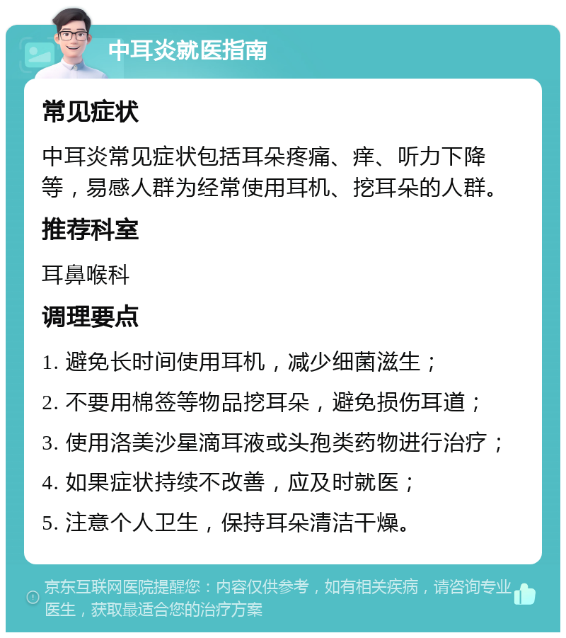 中耳炎就医指南 常见症状 中耳炎常见症状包括耳朵疼痛、痒、听力下降等，易感人群为经常使用耳机、挖耳朵的人群。 推荐科室 耳鼻喉科 调理要点 1. 避免长时间使用耳机，减少细菌滋生； 2. 不要用棉签等物品挖耳朵，避免损伤耳道； 3. 使用洛美沙星滴耳液或头孢类药物进行治疗； 4. 如果症状持续不改善，应及时就医； 5. 注意个人卫生，保持耳朵清洁干燥。