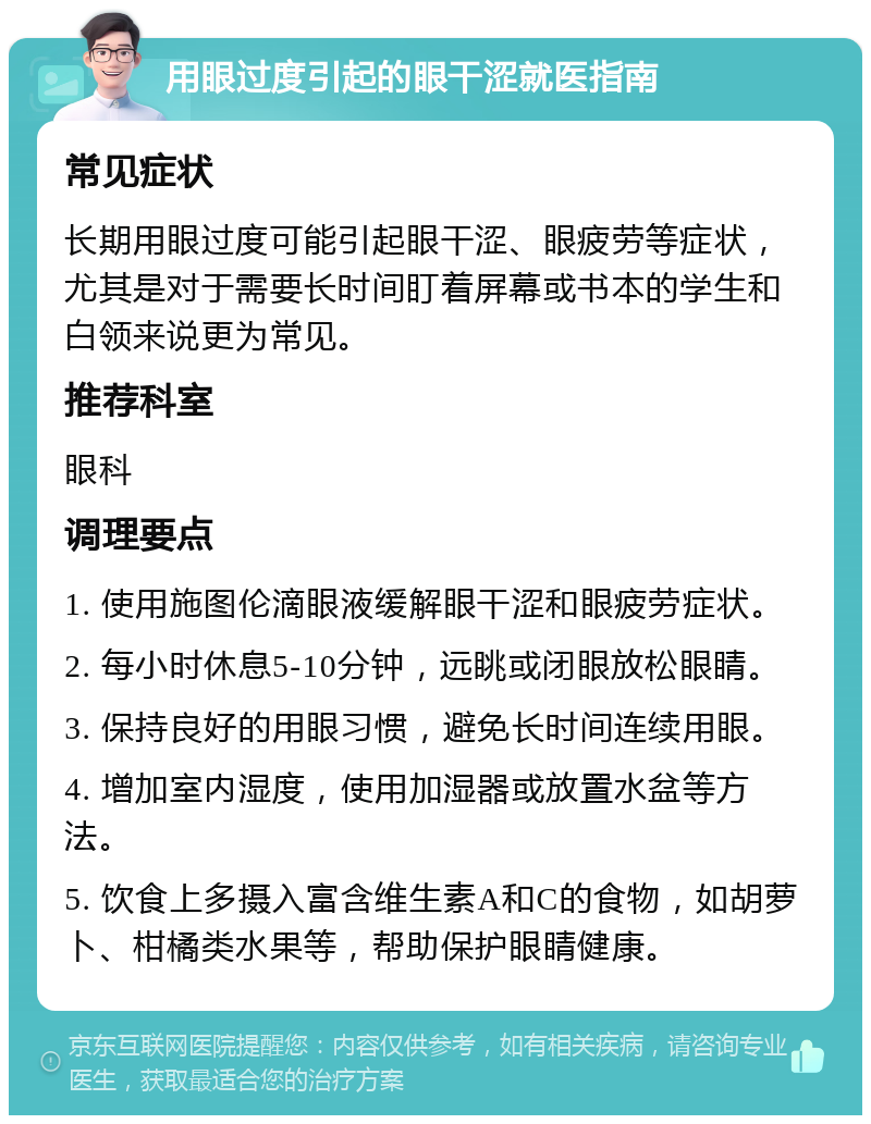 用眼过度引起的眼干涩就医指南 常见症状 长期用眼过度可能引起眼干涩、眼疲劳等症状，尤其是对于需要长时间盯着屏幕或书本的学生和白领来说更为常见。 推荐科室 眼科 调理要点 1. 使用施图伦滴眼液缓解眼干涩和眼疲劳症状。 2. 每小时休息5-10分钟，远眺或闭眼放松眼睛。 3. 保持良好的用眼习惯，避免长时间连续用眼。 4. 增加室内湿度，使用加湿器或放置水盆等方法。 5. 饮食上多摄入富含维生素A和C的食物，如胡萝卜、柑橘类水果等，帮助保护眼睛健康。