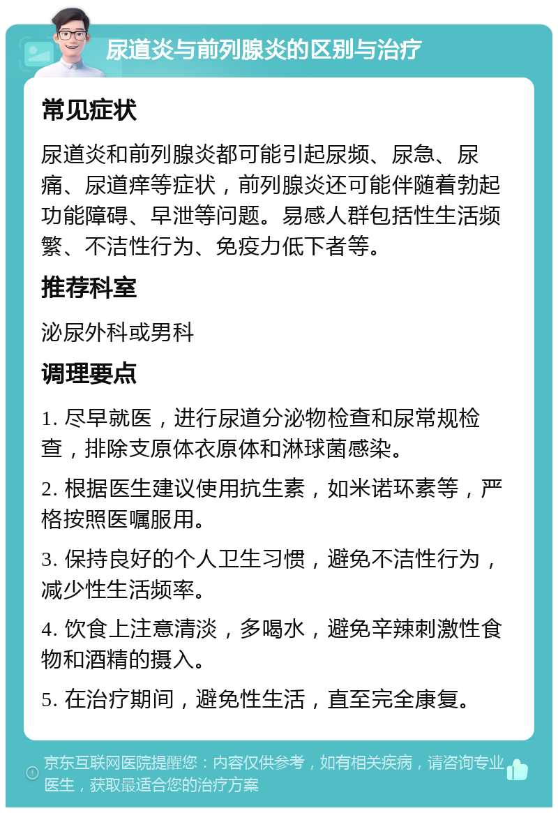 尿道炎与前列腺炎的区别与治疗 常见症状 尿道炎和前列腺炎都可能引起尿频、尿急、尿痛、尿道痒等症状，前列腺炎还可能伴随着勃起功能障碍、早泄等问题。易感人群包括性生活频繁、不洁性行为、免疫力低下者等。 推荐科室 泌尿外科或男科 调理要点 1. 尽早就医，进行尿道分泌物检查和尿常规检查，排除支原体衣原体和淋球菌感染。 2. 根据医生建议使用抗生素，如米诺环素等，严格按照医嘱服用。 3. 保持良好的个人卫生习惯，避免不洁性行为，减少性生活频率。 4. 饮食上注意清淡，多喝水，避免辛辣刺激性食物和酒精的摄入。 5. 在治疗期间，避免性生活，直至完全康复。