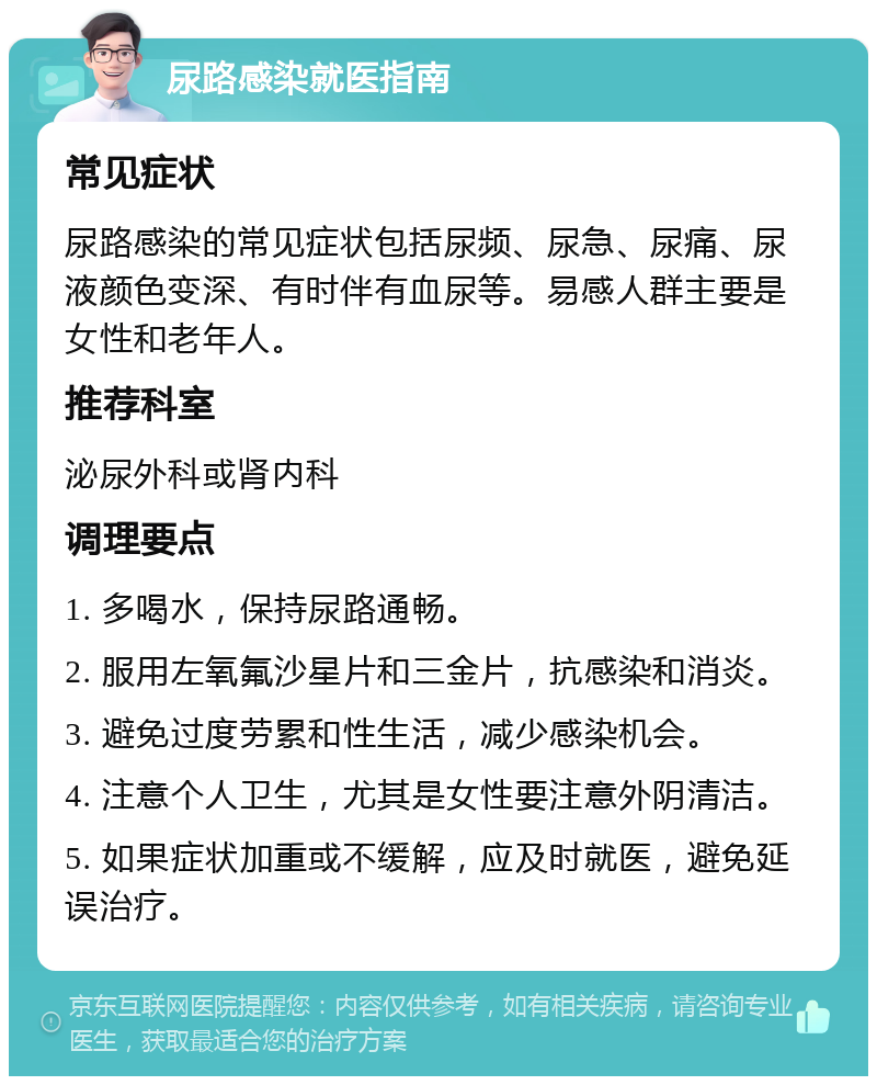 尿路感染就医指南 常见症状 尿路感染的常见症状包括尿频、尿急、尿痛、尿液颜色变深、有时伴有血尿等。易感人群主要是女性和老年人。 推荐科室 泌尿外科或肾内科 调理要点 1. 多喝水，保持尿路通畅。 2. 服用左氧氟沙星片和三金片，抗感染和消炎。 3. 避免过度劳累和性生活，减少感染机会。 4. 注意个人卫生，尤其是女性要注意外阴清洁。 5. 如果症状加重或不缓解，应及时就医，避免延误治疗。