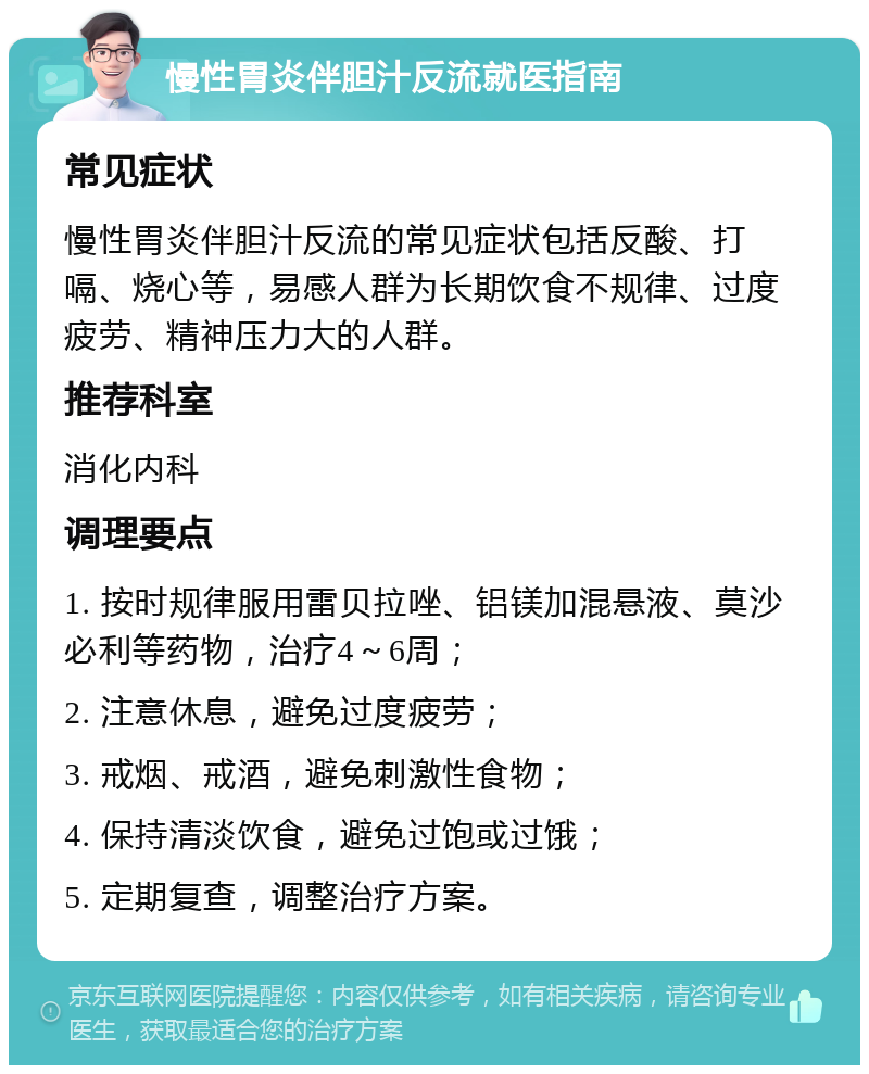 慢性胃炎伴胆汁反流就医指南 常见症状 慢性胃炎伴胆汁反流的常见症状包括反酸、打嗝、烧心等，易感人群为长期饮食不规律、过度疲劳、精神压力大的人群。 推荐科室 消化内科 调理要点 1. 按时规律服用雷贝拉唑、铝镁加混悬液、莫沙必利等药物，治疗4～6周； 2. 注意休息，避免过度疲劳； 3. 戒烟、戒酒，避免刺激性食物； 4. 保持清淡饮食，避免过饱或过饿； 5. 定期复查，调整治疗方案。