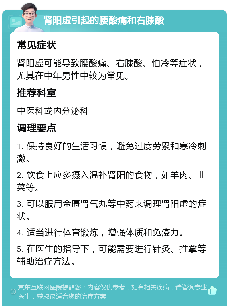 肾阳虚引起的腰酸痛和右膝酸 常见症状 肾阳虚可能导致腰酸痛、右膝酸、怕冷等症状，尤其在中年男性中较为常见。 推荐科室 中医科或内分泌科 调理要点 1. 保持良好的生活习惯，避免过度劳累和寒冷刺激。 2. 饮食上应多摄入温补肾阳的食物，如羊肉、韭菜等。 3. 可以服用金匮肾气丸等中药来调理肾阳虚的症状。 4. 适当进行体育锻炼，增强体质和免疫力。 5. 在医生的指导下，可能需要进行针灸、推拿等辅助治疗方法。