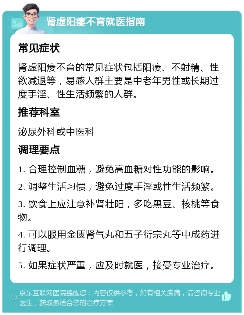 肾虚阳痿不育就医指南 常见症状 肾虚阳痿不育的常见症状包括阳痿、不射精、性欲减退等，易感人群主要是中老年男性或长期过度手淫、性生活频繁的人群。 推荐科室 泌尿外科或中医科 调理要点 1. 合理控制血糖，避免高血糖对性功能的影响。 2. 调整生活习惯，避免过度手淫或性生活频繁。 3. 饮食上应注意补肾壮阳，多吃黑豆、核桃等食物。 4. 可以服用金匮肾气丸和五子衍宗丸等中成药进行调理。 5. 如果症状严重，应及时就医，接受专业治疗。