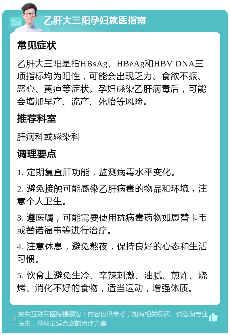 乙肝大三阳孕妇就医指南 常见症状 乙肝大三阳是指HBsAg、HBeAg和HBV DNA三项指标均为阳性，可能会出现乏力、食欲不振、恶心、黄疸等症状。孕妇感染乙肝病毒后，可能会增加早产、流产、死胎等风险。 推荐科室 肝病科或感染科 调理要点 1. 定期复查肝功能，监测病毒水平变化。 2. 避免接触可能感染乙肝病毒的物品和环境，注意个人卫生。 3. 遵医嘱，可能需要使用抗病毒药物如恩替卡韦或替诺福韦等进行治疗。 4. 注意休息，避免熬夜，保持良好的心态和生活习惯。 5. 饮食上避免生冷、辛辣刺激、油腻、煎炸、烧烤、消化不好的食物，适当运动，增强体质。