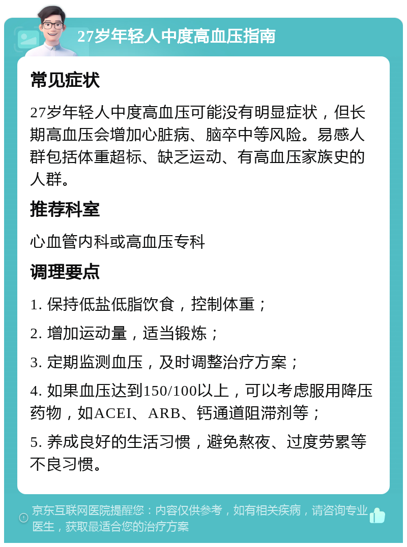 27岁年轻人中度高血压指南 常见症状 27岁年轻人中度高血压可能没有明显症状，但长期高血压会增加心脏病、脑卒中等风险。易感人群包括体重超标、缺乏运动、有高血压家族史的人群。 推荐科室 心血管内科或高血压专科 调理要点 1. 保持低盐低脂饮食，控制体重； 2. 增加运动量，适当锻炼； 3. 定期监测血压，及时调整治疗方案； 4. 如果血压达到150/100以上，可以考虑服用降压药物，如ACEI、ARB、钙通道阻滞剂等； 5. 养成良好的生活习惯，避免熬夜、过度劳累等不良习惯。