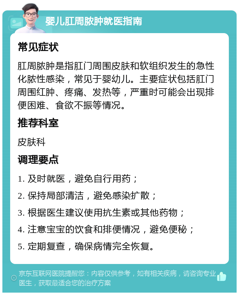 婴儿肛周脓肿就医指南 常见症状 肛周脓肿是指肛门周围皮肤和软组织发生的急性化脓性感染，常见于婴幼儿。主要症状包括肛门周围红肿、疼痛、发热等，严重时可能会出现排便困难、食欲不振等情况。 推荐科室 皮肤科 调理要点 1. 及时就医，避免自行用药； 2. 保持局部清洁，避免感染扩散； 3. 根据医生建议使用抗生素或其他药物； 4. 注意宝宝的饮食和排便情况，避免便秘； 5. 定期复查，确保病情完全恢复。