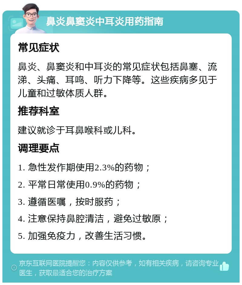 鼻炎鼻窦炎中耳炎用药指南 常见症状 鼻炎、鼻窦炎和中耳炎的常见症状包括鼻塞、流涕、头痛、耳鸣、听力下降等。这些疾病多见于儿童和过敏体质人群。 推荐科室 建议就诊于耳鼻喉科或儿科。 调理要点 1. 急性发作期使用2.3%的药物； 2. 平常日常使用0.9%的药物； 3. 遵循医嘱，按时服药； 4. 注意保持鼻腔清洁，避免过敏原； 5. 加强免疫力，改善生活习惯。