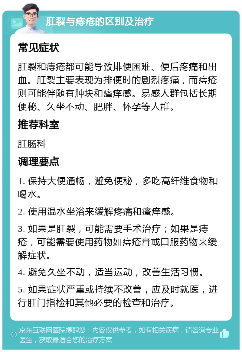 肛裂与痔疮的区别及治疗 常见症状 肛裂和痔疮都可能导致排便困难、便后疼痛和出血。肛裂主要表现为排便时的剧烈疼痛，而痔疮则可能伴随有肿块和瘙痒感。易感人群包括长期便秘、久坐不动、肥胖、怀孕等人群。 推荐科室 肛肠科 调理要点 1. 保持大便通畅，避免便秘，多吃高纤维食物和喝水。 2. 使用温水坐浴来缓解疼痛和瘙痒感。 3. 如果是肛裂，可能需要手术治疗；如果是痔疮，可能需要使用药物如痔疮膏或口服药物来缓解症状。 4. 避免久坐不动，适当运动，改善生活习惯。 5. 如果症状严重或持续不改善，应及时就医，进行肛门指检和其他必要的检查和治疗。