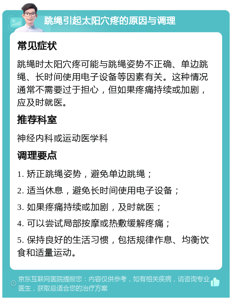 跳绳引起太阳穴疼的原因与调理 常见症状 跳绳时太阳穴疼可能与跳绳姿势不正确、单边跳绳、长时间使用电子设备等因素有关。这种情况通常不需要过于担心，但如果疼痛持续或加剧，应及时就医。 推荐科室 神经内科或运动医学科 调理要点 1. 矫正跳绳姿势，避免单边跳绳； 2. 适当休息，避免长时间使用电子设备； 3. 如果疼痛持续或加剧，及时就医； 4. 可以尝试局部按摩或热敷缓解疼痛； 5. 保持良好的生活习惯，包括规律作息、均衡饮食和适量运动。