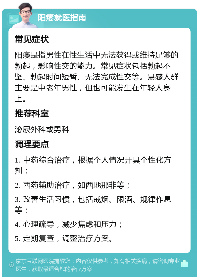 阳痿就医指南 常见症状 阳痿是指男性在性生活中无法获得或维持足够的勃起，影响性交的能力。常见症状包括勃起不坚、勃起时间短暂、无法完成性交等。易感人群主要是中老年男性，但也可能发生在年轻人身上。 推荐科室 泌尿外科或男科 调理要点 1. 中药综合治疗，根据个人情况开具个性化方剂； 2. 西药辅助治疗，如西地那非等； 3. 改善生活习惯，包括戒烟、限酒、规律作息等； 4. 心理疏导，减少焦虑和压力； 5. 定期复查，调整治疗方案。