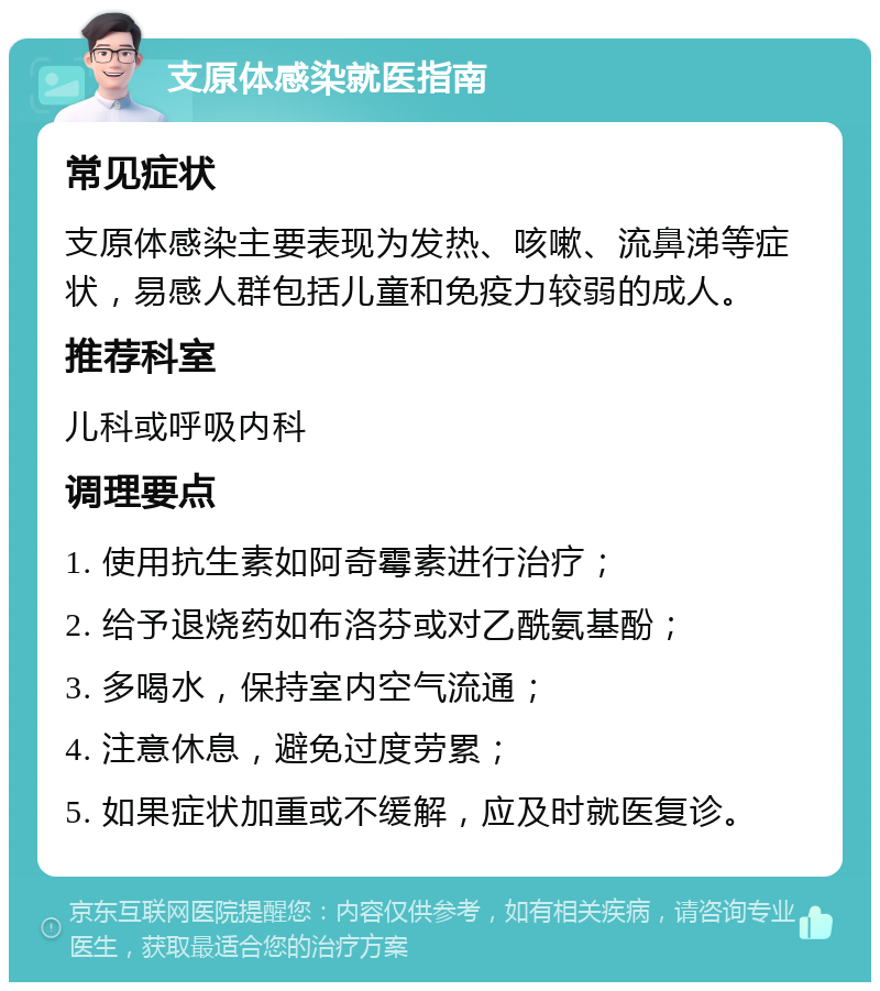 支原体感染就医指南 常见症状 支原体感染主要表现为发热、咳嗽、流鼻涕等症状，易感人群包括儿童和免疫力较弱的成人。 推荐科室 儿科或呼吸内科 调理要点 1. 使用抗生素如阿奇霉素进行治疗； 2. 给予退烧药如布洛芬或对乙酰氨基酚； 3. 多喝水，保持室内空气流通； 4. 注意休息，避免过度劳累； 5. 如果症状加重或不缓解，应及时就医复诊。