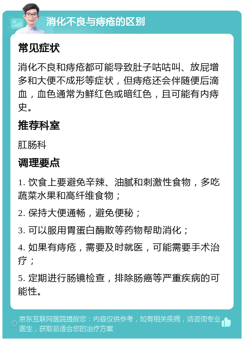 消化不良与痔疮的区别 常见症状 消化不良和痔疮都可能导致肚子咕咕叫、放屁增多和大便不成形等症状，但痔疮还会伴随便后滴血，血色通常为鲜红色或暗红色，且可能有内痔史。 推荐科室 肛肠科 调理要点 1. 饮食上要避免辛辣、油腻和刺激性食物，多吃蔬菜水果和高纤维食物； 2. 保持大便通畅，避免便秘； 3. 可以服用胃蛋白酶散等药物帮助消化； 4. 如果有痔疮，需要及时就医，可能需要手术治疗； 5. 定期进行肠镜检查，排除肠癌等严重疾病的可能性。