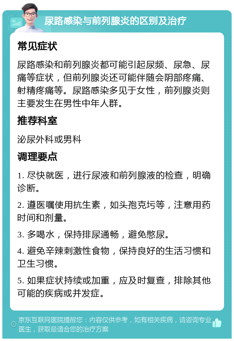 尿路感染与前列腺炎的区别及治疗 常见症状 尿路感染和前列腺炎都可能引起尿频、尿急、尿痛等症状，但前列腺炎还可能伴随会阴部疼痛、射精疼痛等。尿路感染多见于女性，前列腺炎则主要发生在男性中年人群。 推荐科室 泌尿外科或男科 调理要点 1. 尽快就医，进行尿液和前列腺液的检查，明确诊断。 2. 遵医嘱使用抗生素，如头孢克圬等，注意用药时间和剂量。 3. 多喝水，保持排尿通畅，避免憋尿。 4. 避免辛辣刺激性食物，保持良好的生活习惯和卫生习惯。 5. 如果症状持续或加重，应及时复查，排除其他可能的疾病或并发症。