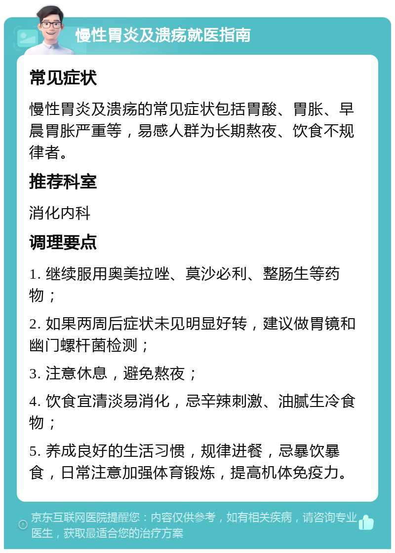 慢性胃炎及溃疡就医指南 常见症状 慢性胃炎及溃疡的常见症状包括胃酸、胃胀、早晨胃胀严重等，易感人群为长期熬夜、饮食不规律者。 推荐科室 消化内科 调理要点 1. 继续服用奥美拉唑、莫沙必利、整肠生等药物； 2. 如果两周后症状未见明显好转，建议做胃镜和幽门螺杆菌检测； 3. 注意休息，避免熬夜； 4. 饮食宜清淡易消化，忌辛辣刺激、油腻生冷食物； 5. 养成良好的生活习惯，规律进餐，忌暴饮暴食，日常注意加强体育锻炼，提高机体免疫力。