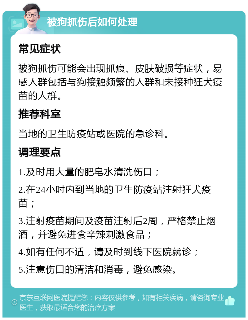 被狗抓伤后如何处理 常见症状 被狗抓伤可能会出现抓痕、皮肤破损等症状，易感人群包括与狗接触频繁的人群和未接种狂犬疫苗的人群。 推荐科室 当地的卫生防疫站或医院的急诊科。 调理要点 1.及时用大量的肥皂水清洗伤口； 2.在24小时内到当地的卫生防疫站注射狂犬疫苗； 3.注射疫苗期间及疫苗注射后2周，严格禁止烟酒，并避免进食辛辣刺激食品； 4.如有任何不适，请及时到线下医院就诊； 5.注意伤口的清洁和消毒，避免感染。