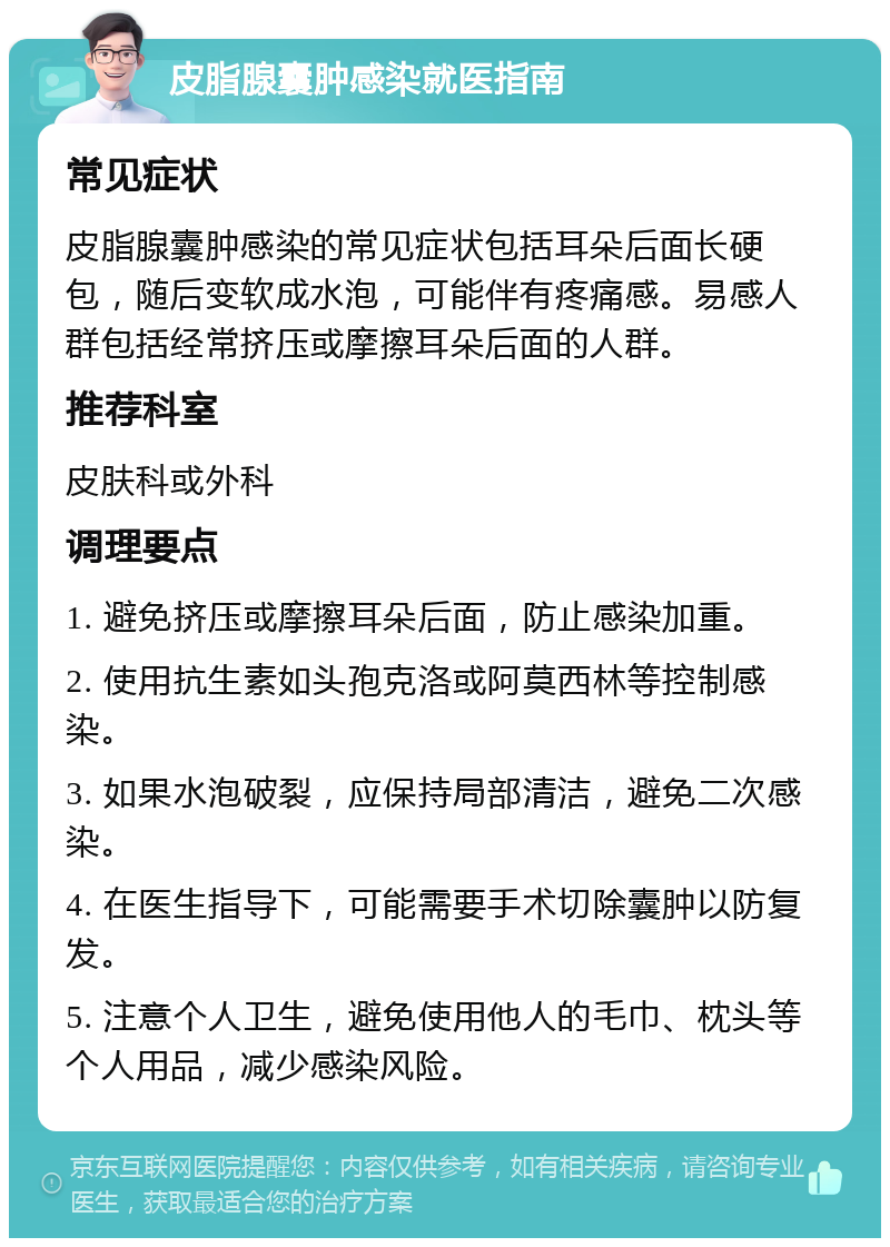 皮脂腺囊肿感染就医指南 常见症状 皮脂腺囊肿感染的常见症状包括耳朵后面长硬包，随后变软成水泡，可能伴有疼痛感。易感人群包括经常挤压或摩擦耳朵后面的人群。 推荐科室 皮肤科或外科 调理要点 1. 避免挤压或摩擦耳朵后面，防止感染加重。 2. 使用抗生素如头孢克洛或阿莫西林等控制感染。 3. 如果水泡破裂，应保持局部清洁，避免二次感染。 4. 在医生指导下，可能需要手术切除囊肿以防复发。 5. 注意个人卫生，避免使用他人的毛巾、枕头等个人用品，减少感染风险。