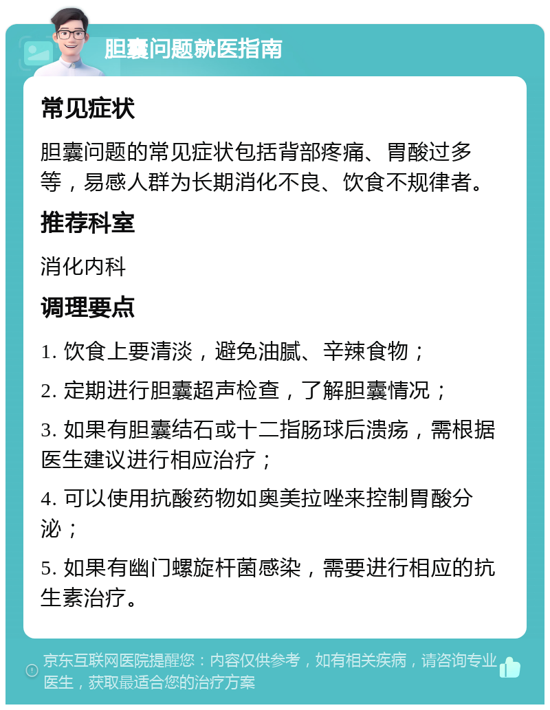 胆囊问题就医指南 常见症状 胆囊问题的常见症状包括背部疼痛、胃酸过多等，易感人群为长期消化不良、饮食不规律者。 推荐科室 消化内科 调理要点 1. 饮食上要清淡，避免油腻、辛辣食物； 2. 定期进行胆囊超声检查，了解胆囊情况； 3. 如果有胆囊结石或十二指肠球后溃疡，需根据医生建议进行相应治疗； 4. 可以使用抗酸药物如奥美拉唑来控制胃酸分泌； 5. 如果有幽门螺旋杆菌感染，需要进行相应的抗生素治疗。