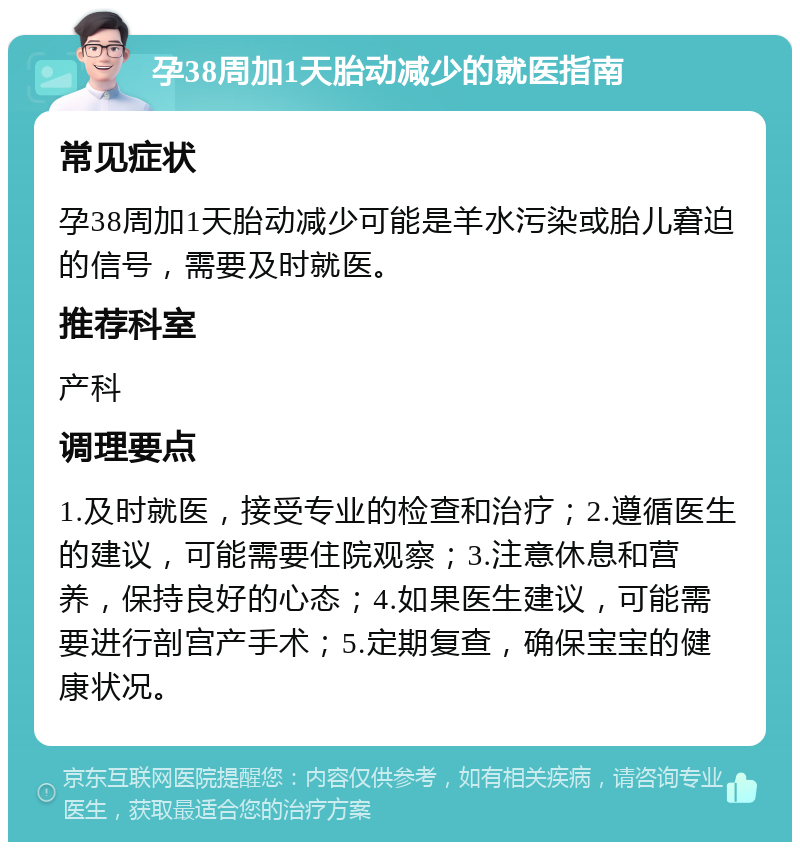 孕38周加1天胎动减少的就医指南 常见症状 孕38周加1天胎动减少可能是羊水污染或胎儿窘迫的信号，需要及时就医。 推荐科室 产科 调理要点 1.及时就医，接受专业的检查和治疗；2.遵循医生的建议，可能需要住院观察；3.注意休息和营养，保持良好的心态；4.如果医生建议，可能需要进行剖宫产手术；5.定期复查，确保宝宝的健康状况。