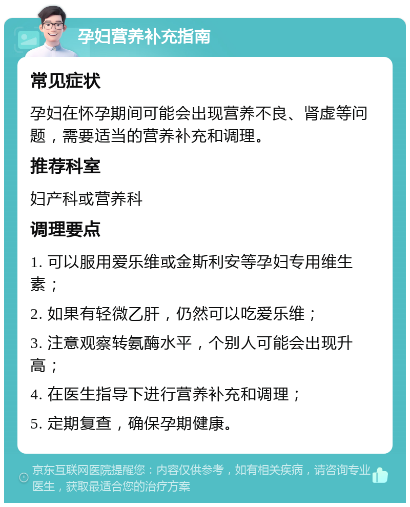 孕妇营养补充指南 常见症状 孕妇在怀孕期间可能会出现营养不良、肾虚等问题，需要适当的营养补充和调理。 推荐科室 妇产科或营养科 调理要点 1. 可以服用爱乐维或金斯利安等孕妇专用维生素； 2. 如果有轻微乙肝，仍然可以吃爱乐维； 3. 注意观察转氨酶水平，个别人可能会出现升高； 4. 在医生指导下进行营养补充和调理； 5. 定期复查，确保孕期健康。