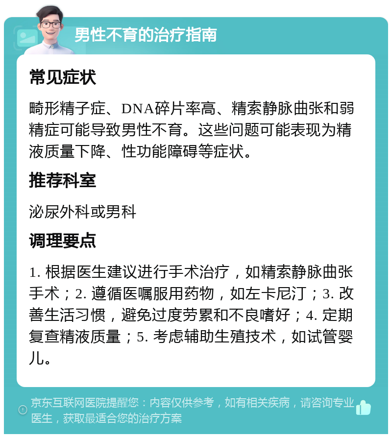 男性不育的治疗指南 常见症状 畸形精子症、DNA碎片率高、精索静脉曲张和弱精症可能导致男性不育。这些问题可能表现为精液质量下降、性功能障碍等症状。 推荐科室 泌尿外科或男科 调理要点 1. 根据医生建议进行手术治疗，如精索静脉曲张手术；2. 遵循医嘱服用药物，如左卡尼汀；3. 改善生活习惯，避免过度劳累和不良嗜好；4. 定期复查精液质量；5. 考虑辅助生殖技术，如试管婴儿。