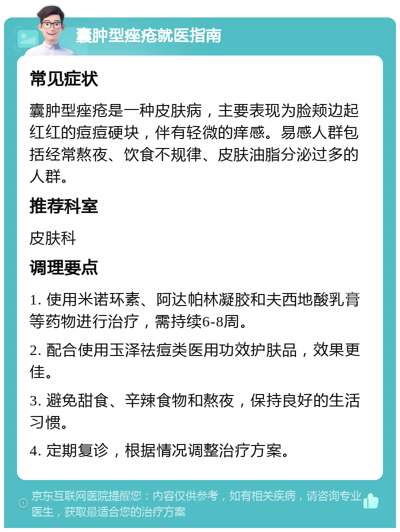 囊肿型痤疮就医指南 常见症状 囊肿型痤疮是一种皮肤病，主要表现为脸颊边起红红的痘痘硬块，伴有轻微的痒感。易感人群包括经常熬夜、饮食不规律、皮肤油脂分泌过多的人群。 推荐科室 皮肤科 调理要点 1. 使用米诺环素、阿达帕林凝胶和夫西地酸乳膏等药物进行治疗，需持续6-8周。 2. 配合使用玉泽祛痘类医用功效护肤品，效果更佳。 3. 避免甜食、辛辣食物和熬夜，保持良好的生活习惯。 4. 定期复诊，根据情况调整治疗方案。